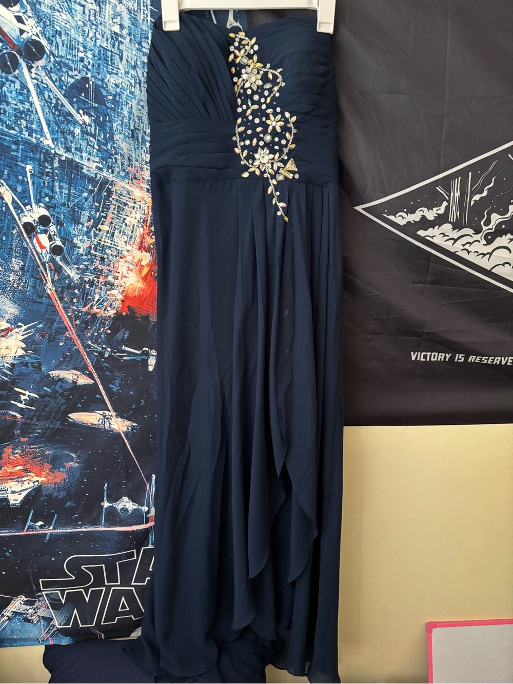 Grace Karin Navy Strapless Evening Gown with Crystal Floral Detail